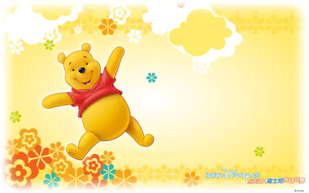 HD desktop wallpaper featuring Winnie the Pooh from the TV show, with a bright yellow background, colorful flowers, and cheerful clouds.
