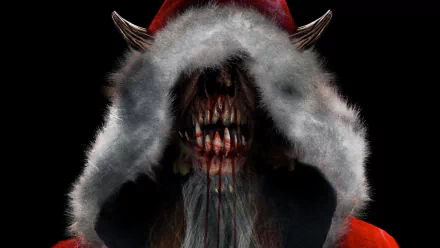 A 4K Ultra HD PC desktop wallpaper featuring Krampus from the movie Krampus: The Christmas Devil, showing his menacing face partially hidden by a fur-trimmed red hood.
