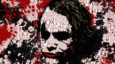 HD desktop wallpaper featuring a dark and chaotic comic-style image of the Joker, with text and splashes of red and black creating an intense and dramatic background.