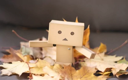 HD PC desktop wallpaper featuring a Danbo cardboard figure standing among autumn leaves, captured with a soft, blurred background.