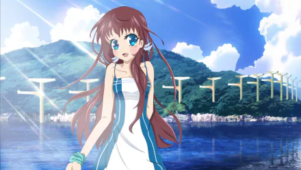 Anime character Manaka Mukaido from Nagi no Asukara in an HD desktop wallpaper, standing in front of a serene lake with mountain scenery and bright blue skies.