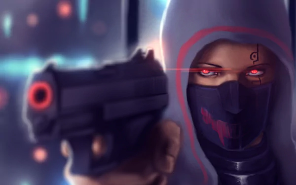 A sci-fi woman warrior in a cowl with glowing red eyes, tattoos, and a mask aims a futuristic gun, set against a dark, blurred background in HD.