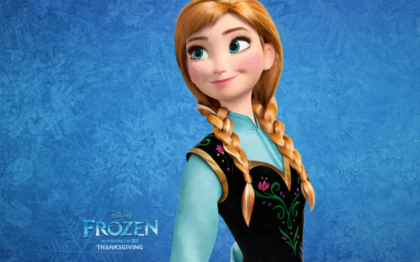 HD desktop wallpaper featuring Anna from the movie Frozen, showcasing her cheerful expression against an icy blue background.