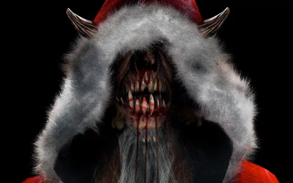 A 4K Ultra HD PC desktop wallpaper featuring Krampus from the movie Krampus: The Christmas Devil, showing his menacing face partially hidden by a fur-trimmed red hood.