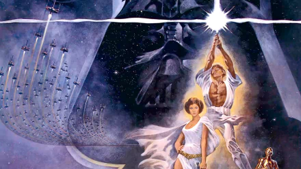 HD PC desktop wallpaper/background of Star Wars Episode IV: A New Hope poster art: Luke raising a lightsaber, Leia, Darth Vader looming, and starfighters sweeping through space.