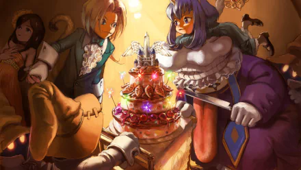 HD PC desktop wallpaper featuring vibrant characters from the video game Final Fantasy IX gathered around a glowing, elaborate cake.