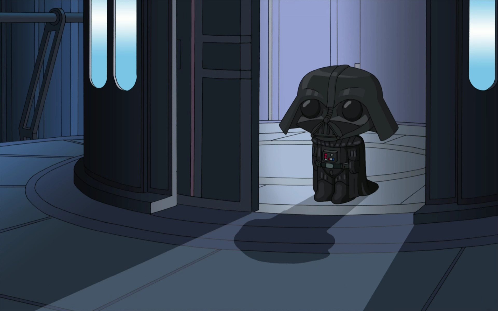 HD PC desktop wallpaper featuring a chibi-style Darth Vader from Star Wars in a Family Guy animation style.
