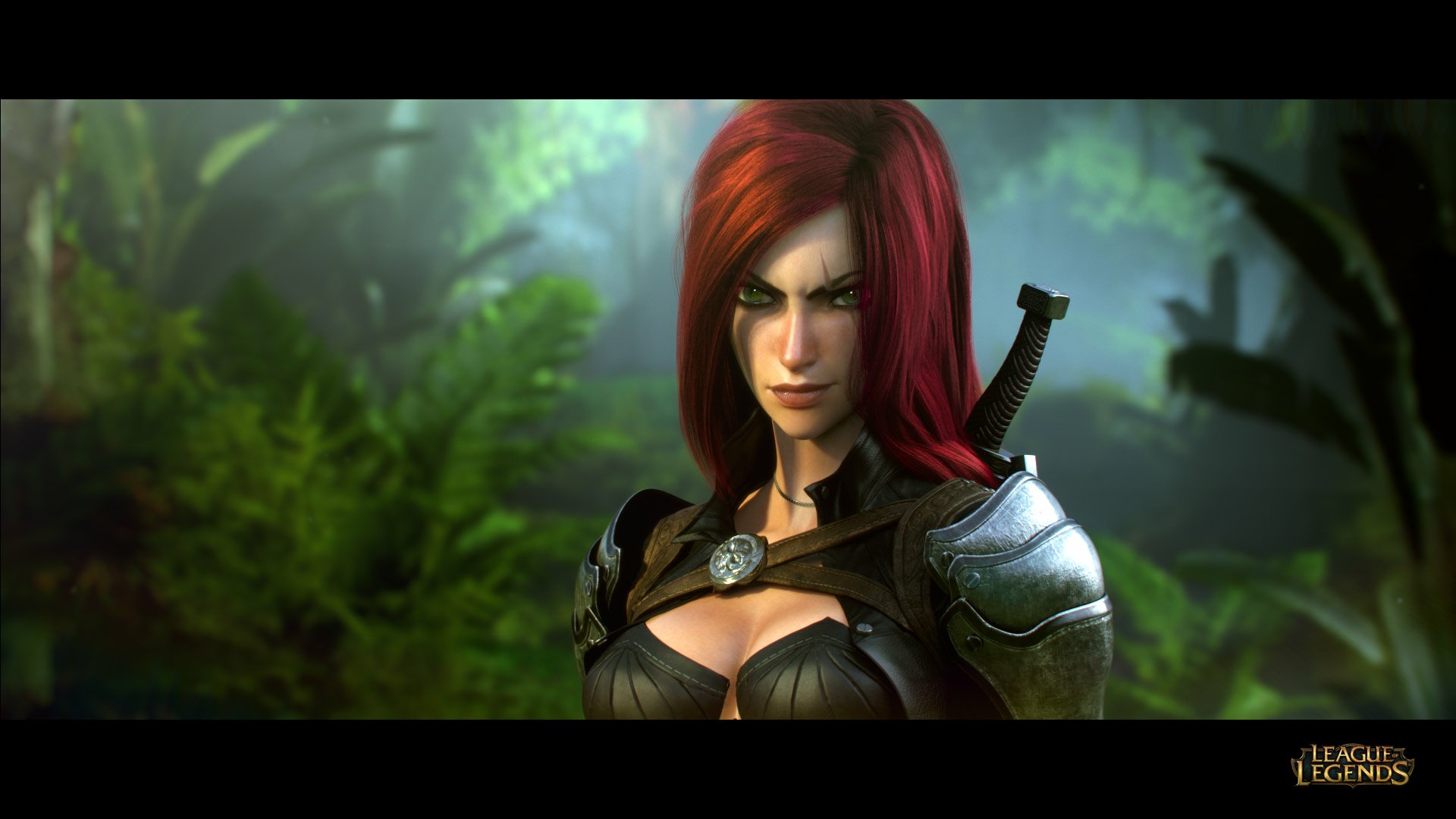 Katarina from League of Legends captivates in this HD wallpaper, showcasing her fierce expression and striking red hair against a lush, green background.