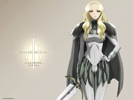 HD anime wallpaper featuring a character from Claymore, gracefully posed with a sword, set against a minimalist background that highlights her striking appearance and armor.