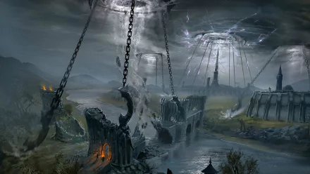 HD PC desktop wallpaper from the video game The Elder Scrolls Online, depicting a dark, eerie landscape with towering chains and a mysterious swirling sky.
