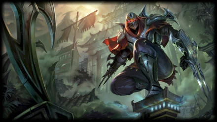 HD desktop wallpaper of Zed from League of Legends, set against a misty backdrop in Ionia, showcasing the character's dark, menacing aesthetic in the game's video game inspired artwork.