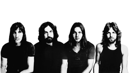 HD PC desktop wallpaper featuring a black and white portrait of the Pink Floyd band members against a white background.
