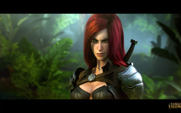Katarina from League of Legends captivates in this HD wallpaper, showcasing her fierce expression and striking red hair against a lush, green background.