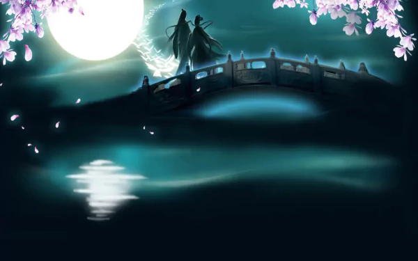 Artistic Chinese HD PC desktop wallpaper: two robed figures on a moonlit arched bridge under cherry blossoms, misty water reflecting the full moon.