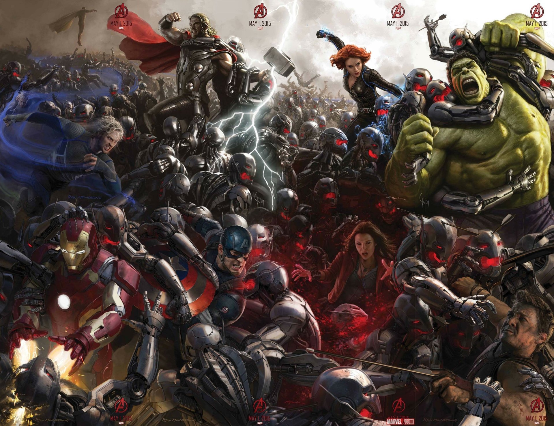 HD desktop wallpaper featuring a dynamic scene from Avengers: Age of Ultron with superheroes battling amidst chaos.