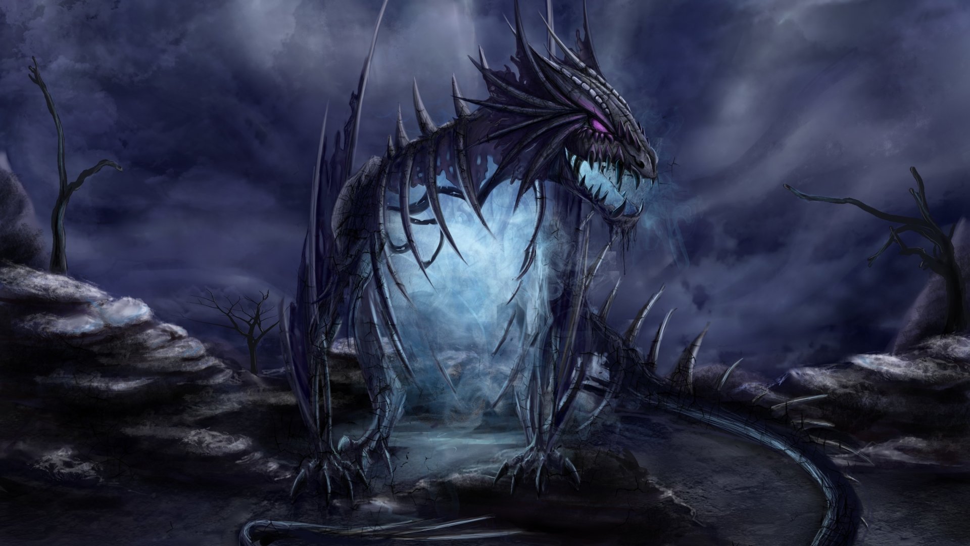 A dark, menacing dragon stands amidst a stormy landscape, illuminated by an eerie glow. This captivating fantasy artwork serves as a stunning 4K Ultra HD PC desktop wallpaper.