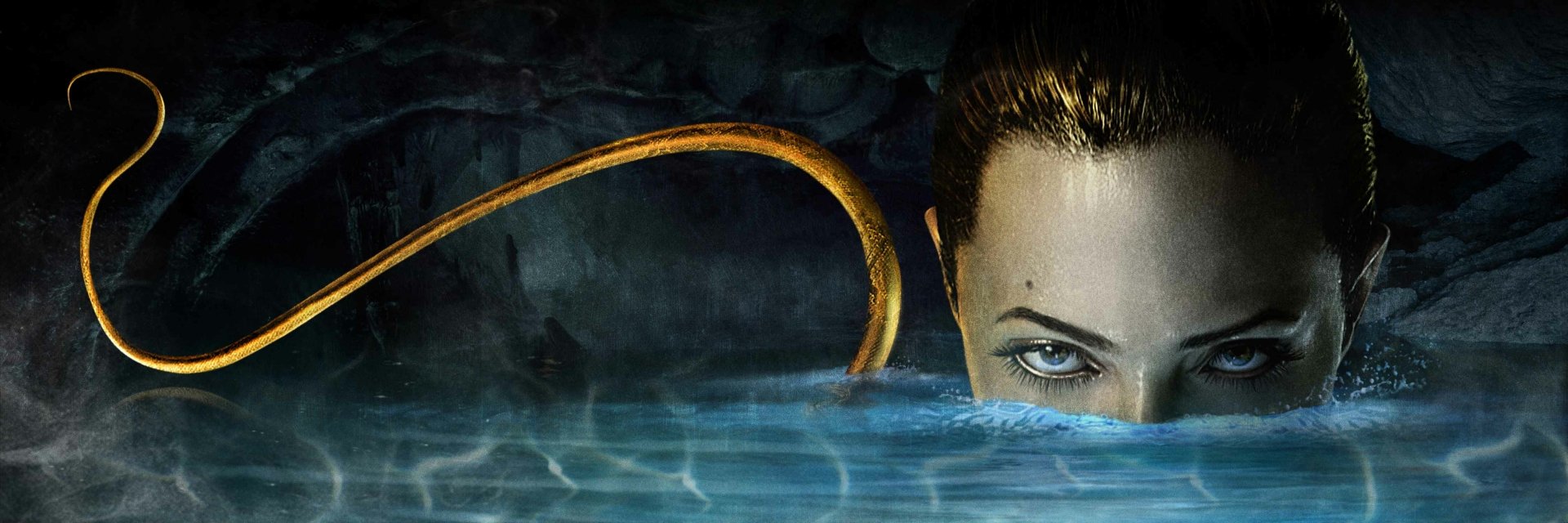HD desktop wallpaper from the movie Beowulf (2007) showing a close-up of a woman’s piercing eye above water with a golden tentacle in the background.