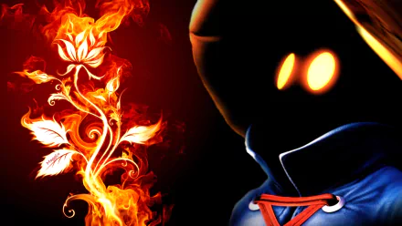 HD PC desktop wallpaper featuring Vivi, a character from the video game Final Fantasy IX, alongside a stylized fiery floral design on a dark background.