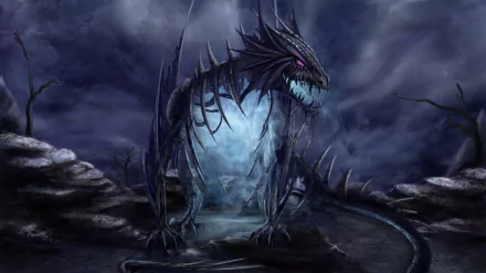 A dark, menacing dragon stands amidst a stormy landscape, illuminated by an eerie glow. This captivating fantasy artwork serves as a stunning 4K Ultra HD PC desktop wallpaper.