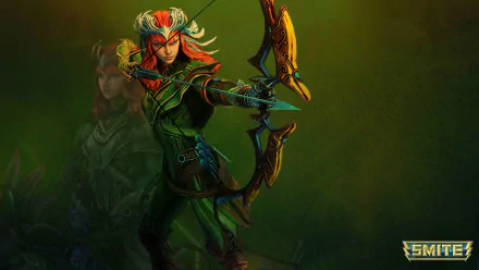 Artwork featuring Artemis from the video game Smite, showcasing her holding a bow in a dynamic pose against a vibrant, green background. High-definition PC wallpaper.