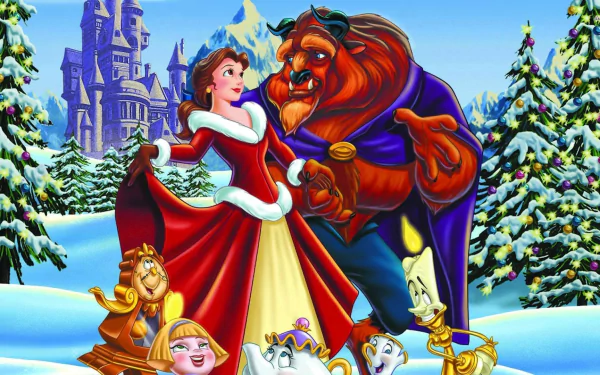 A vibrant scene from Beauty and the Beast (1991), featuring Belle and the Beast together in a snowy landscape, surrounded by beloved characters from the film.