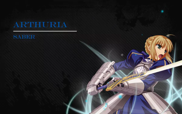 An HD desktop wallpaper featuring Artoria Saber from the anime Fate/Stay Night, showcasing her in an action pose with a sword against a dynamic background.