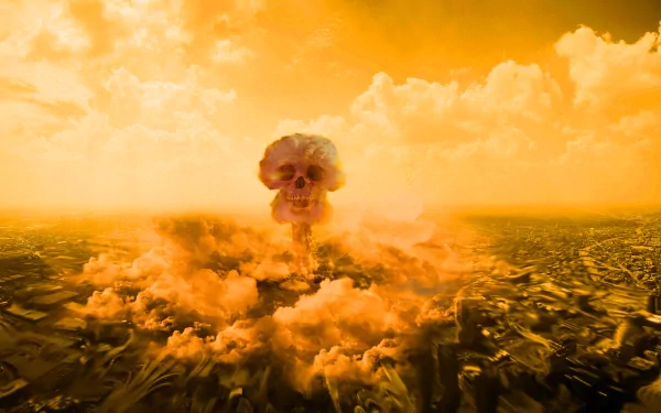 A HD desktop wallpaper depicting a dark nuclear explosion, with a skull shape forming in the cloud, creating an ominous atmosphere.