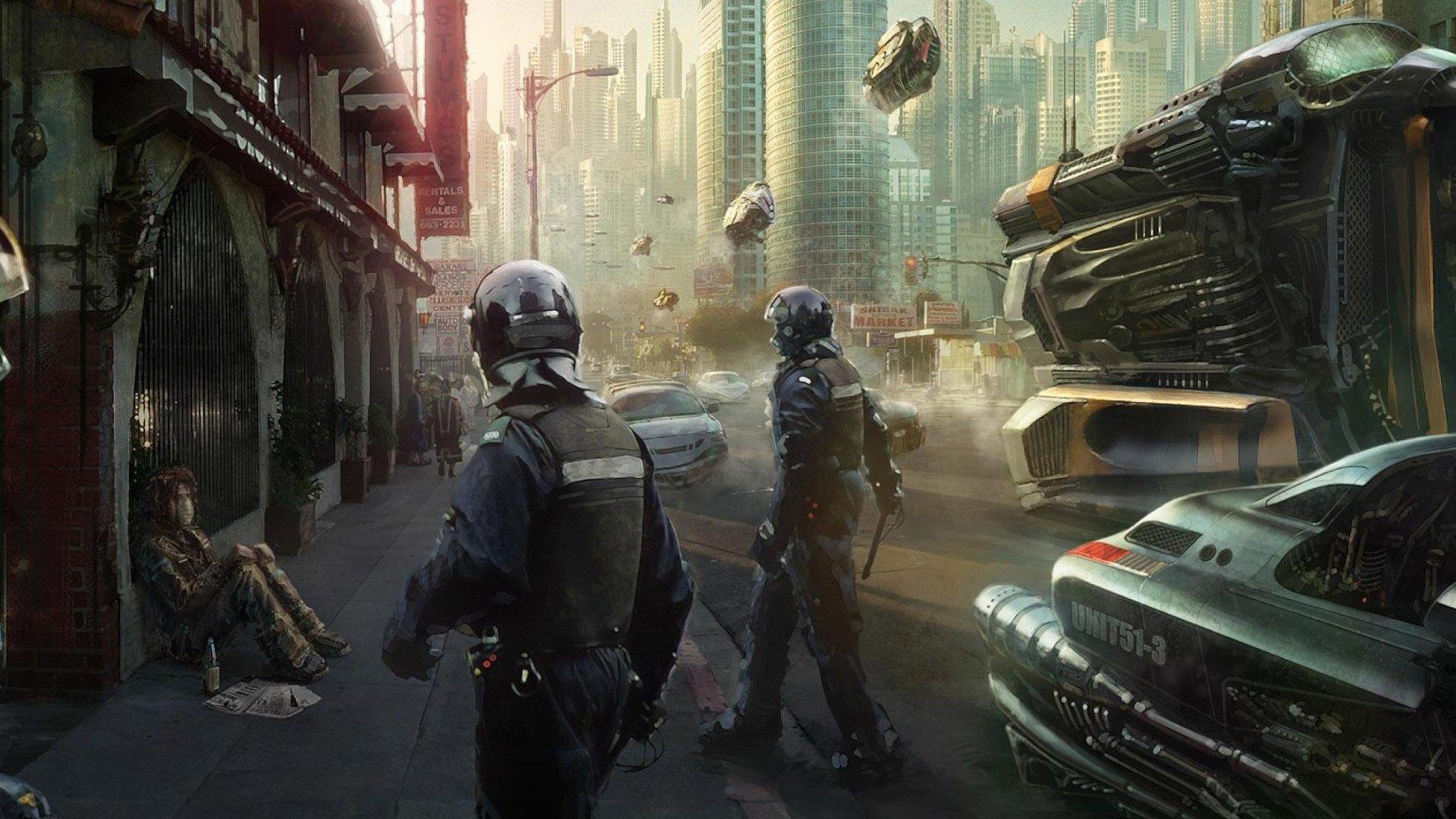 A cyberpunk sci-fi cityscape featuring military police in tactical gear amid futuristic vehicles and towering skyscrapers, bathed in moody urban light.