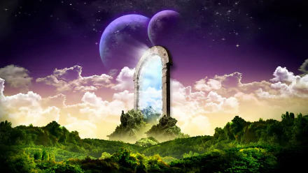 A fantasy landscape wallpaper features a mystical door on a lush green hill, opening to a starry sky with vibrant, colorful planets and clouds. HD desktop background.