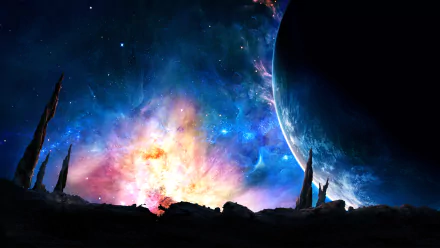 HD Sci-Fi desktop wallpaper featuring a vibrant space scene with a colorful nebula and a dark planet looming over a rocky landscape.