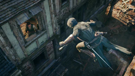 A dynamic scene from Assassin's Creed: Unity, showcasing a character leaping between buildings in a 4K Ultra HD PC desktop wallpaper, emphasizing the game's vivid graphics and action.