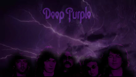 HD PC desktop wallpaper featuring a dark, stormy purple background with lightning and the band Deep Purple's name above their shadowed portraits.