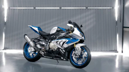HD PC desktop wallpaper and background showing a blue-and-white BMW HP4 sport motorcycle in side profile on a reflective garage floor with racing livery.