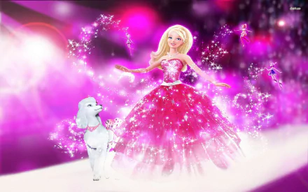 HD desktop wallpaper of Barbie from the movie Barbie: A Fashion Fairytale, featuring Barbie in a sparkling pink gown with a white poodle against a vibrant, magical background.