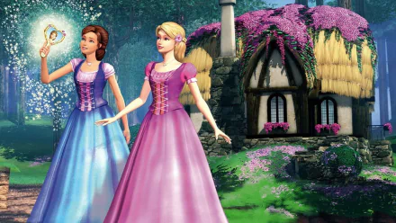 Two princesses from Barbie & the Diamond Castle stand in a vibrant, magical scene, wearing beautiful dresses against a charming cottage backdrop. A captivating HD PC wallpaper.