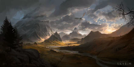 A stunning HD desktop wallpaper depicting a dramatic landscape from The Elder Scrolls V: Skyrim, featuring mountains, a river, and a soaring dragon against a moody sky.