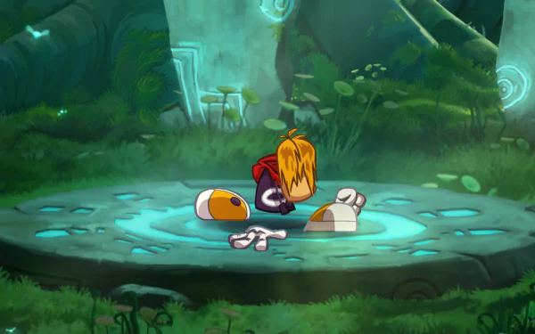 HD PC desktop wallpaper featuring a scene from the video game Rayman Origins, showing Rayman in a glowing forest environment with mystical blue symbols on the ground.