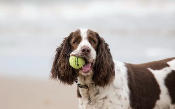 HD PC desktop wallpaper of a brown and white cocker spaniel holding a tennis ball in its mouth, set against a blurred outdoor background.