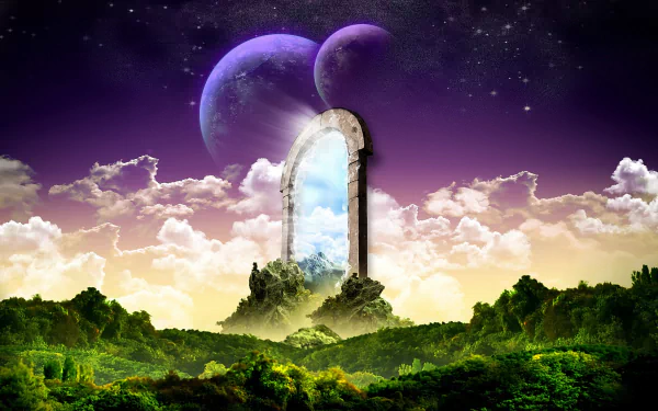A fantasy landscape wallpaper features a mystical door on a lush green hill, opening to a starry sky with vibrant, colorful planets and clouds. HD desktop background.