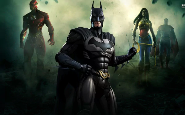 A dynamic HD wallpaper featuring Batman, Wonder Woman, Flash, and other iconic heroes from the video game Injustice: Gods Among Us, showcasing action and power amidst a dramatic backdrop.