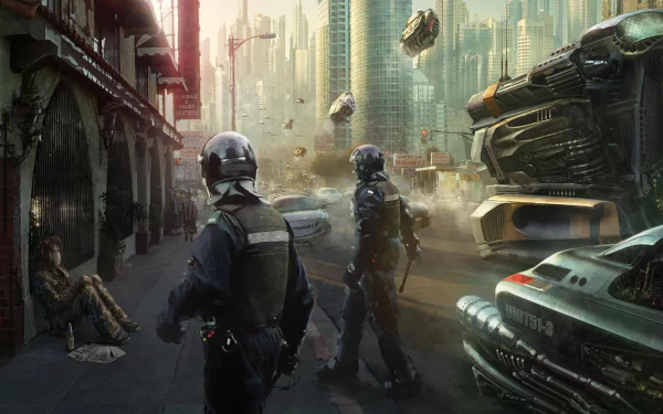 A cyberpunk sci-fi cityscape featuring military police in tactical gear amid futuristic vehicles and towering skyscrapers, bathed in moody urban light.