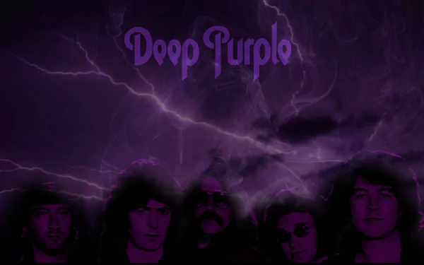 HD PC desktop wallpaper featuring a dark, stormy purple background with lightning and the band Deep Purple's name above their shadowed portraits.