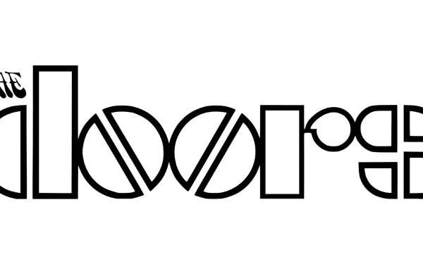 Black and white stylized logo of the band The Doors, designed as a sleek HD PC desktop wallpaper background.