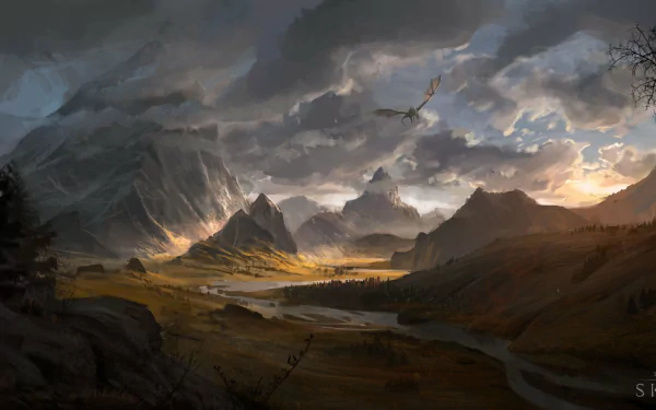 A stunning HD desktop wallpaper depicting a dramatic landscape from The Elder Scrolls V: Skyrim, featuring mountains, a river, and a soaring dragon against a moody sky.