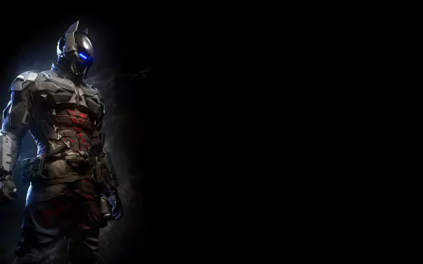 A striking HD wallpaper featuring a character from the video game Batman: Arkham Knight, showcasing a dark and futuristic design with glowing blue accents.