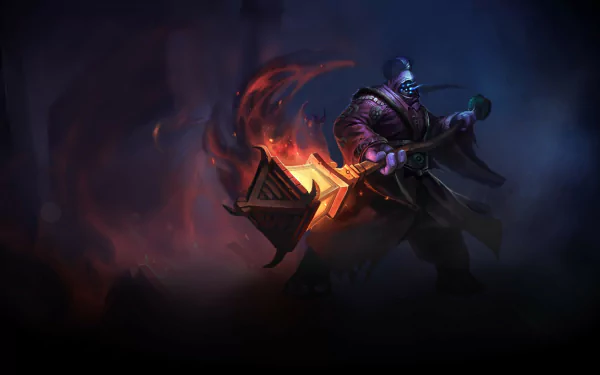 High-definition desktop wallpaper featuring Jax from League of Legends, showcasing his striking appearance and weapon amidst a dramatic, dark background.