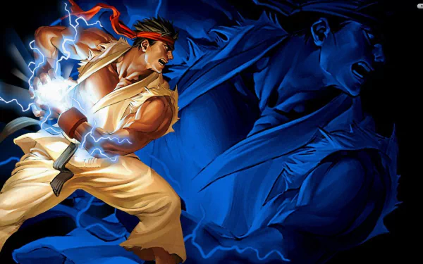 Dynamic HD wallpaper featuring Ryu from Street Fighter, showcasing his iconic fighting stance and energy attack against a striking blue background.