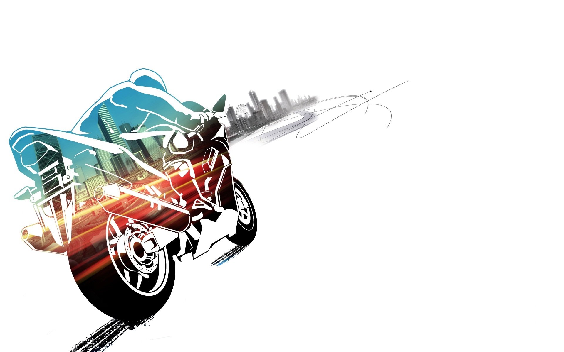 HD PC desktop wallpaper featuring dynamic artwork from the video game Burnout Paradise, showcasing a motorcycle in motion with a cityscape in the background.