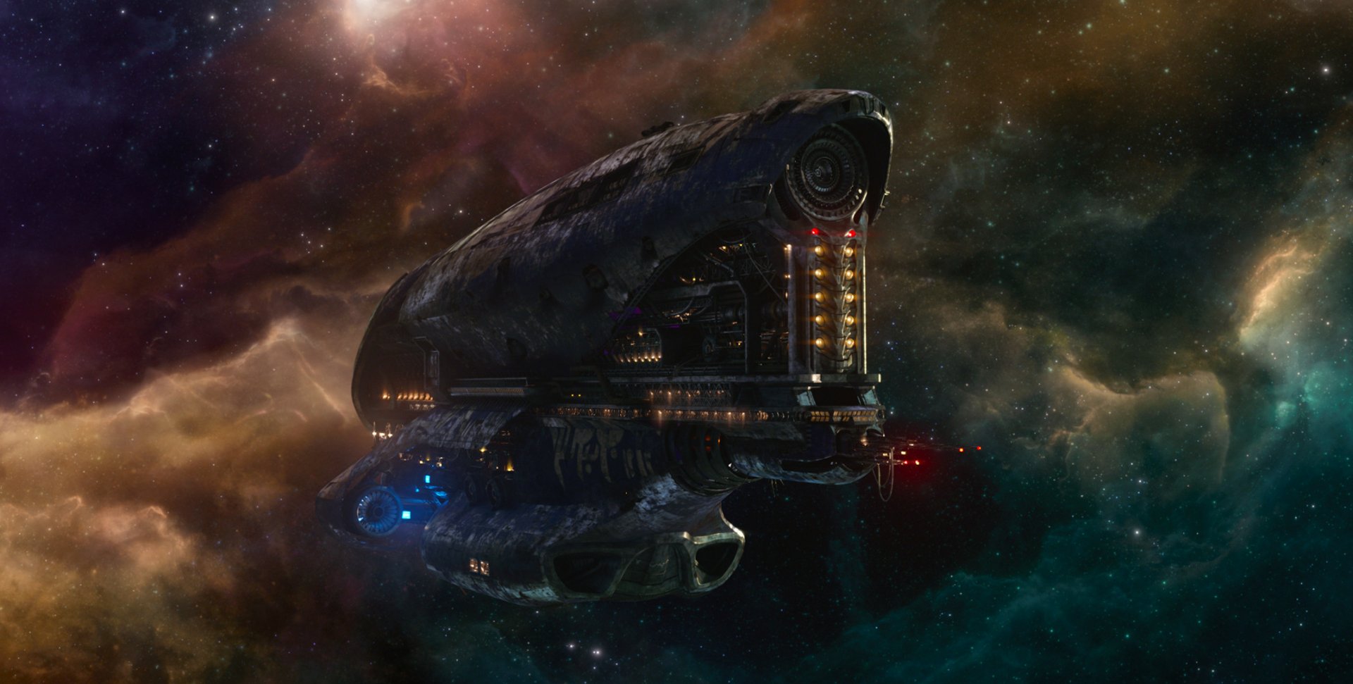 HD PC desktop wallpaper featuring a detailed spaceship from the movie Guardians of the Galaxy set against a colorful cosmic background.