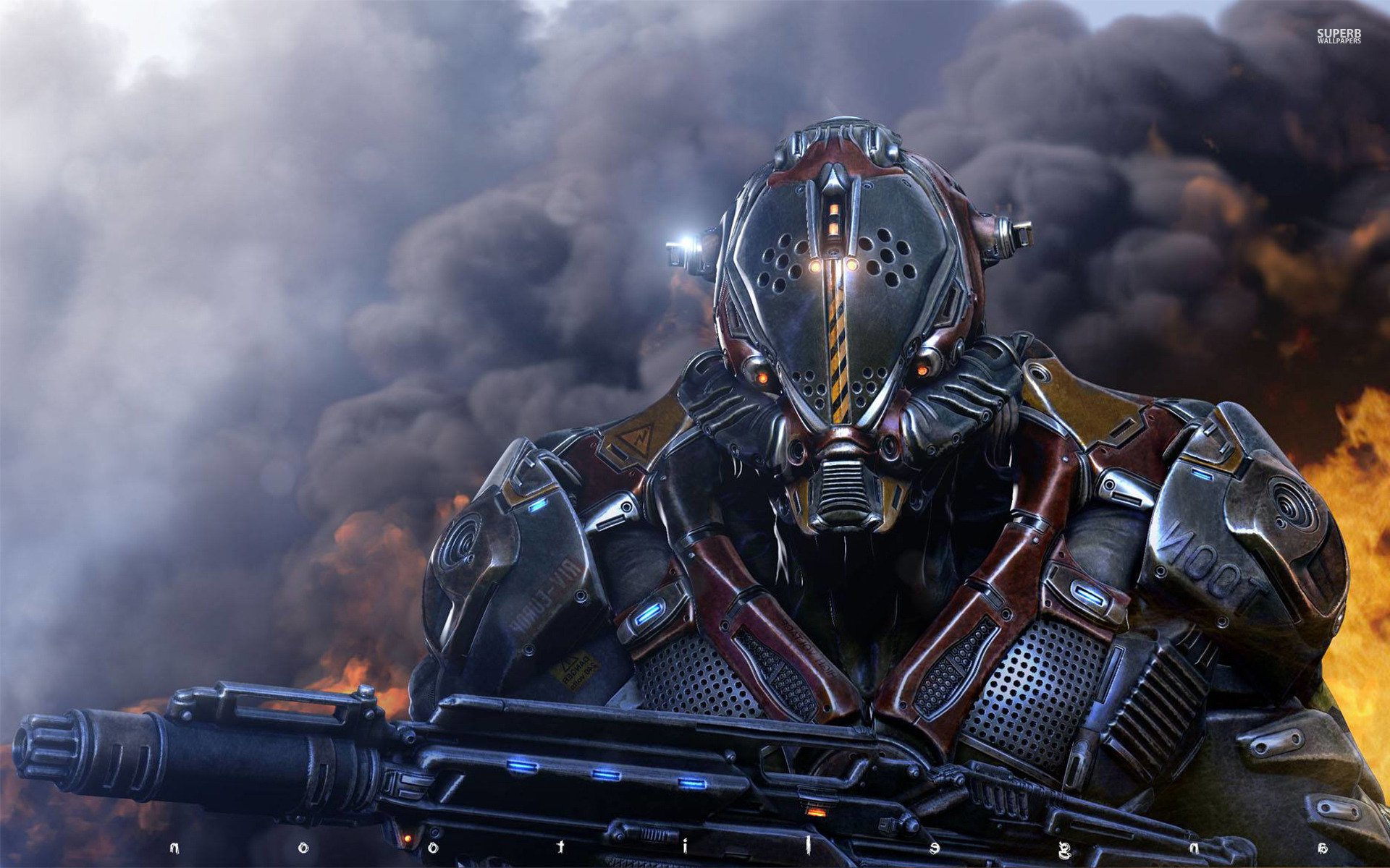 A powerful fantasy warrior in an intricately designed armored suit, wielding a weapon, stands amidst dramatic smoke and flames, creating an intense and immersive atmosphere.